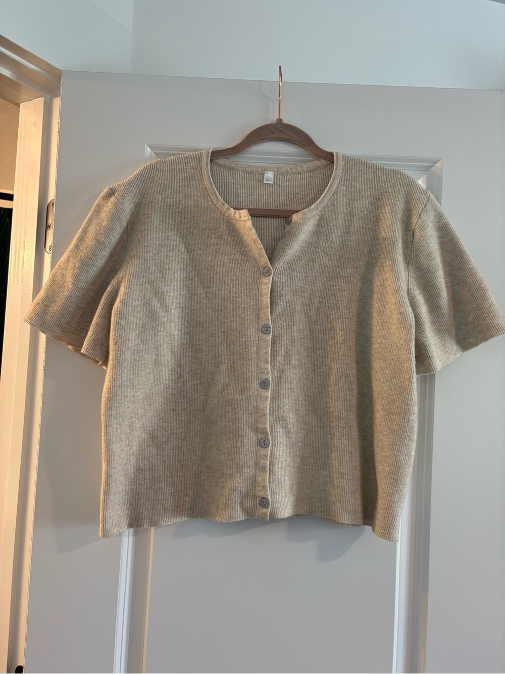 Beige Short-Sleeve Button Cardigan - Neutral Knit